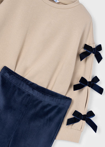 Mayoral Girls Navy Velvet Leggings and Stone Jumper With Navy Bow Sleeve Detail