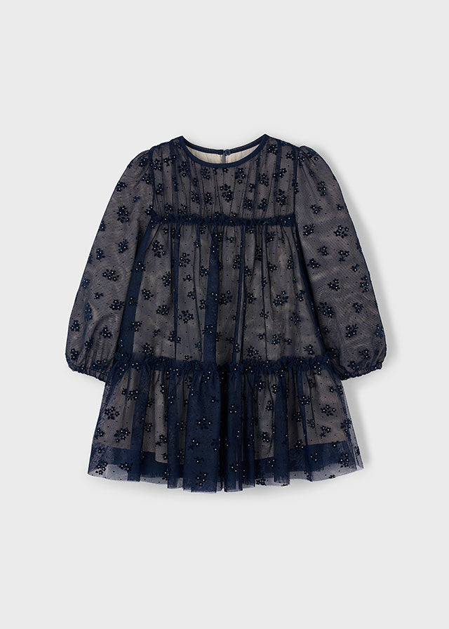Mayoral Girls Navy Tulle Printed Dress