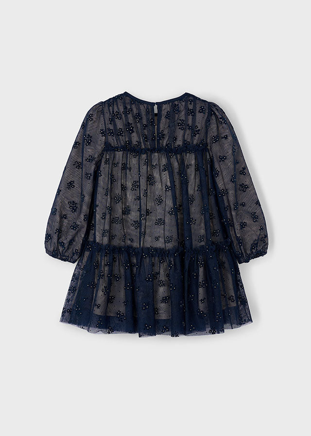 Mayoral Girls Navy Tulle Printed Dress