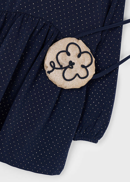 Mayoral Girls Navy Fleeced Dress With Flower Handbag