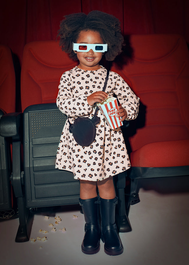 Mayoral Girls Sand Fleeced Leppard Print Dress With Black Bag