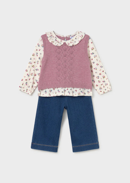 Mayoral Baby Girl Violet Mix Attached Vest and Trousers Set
