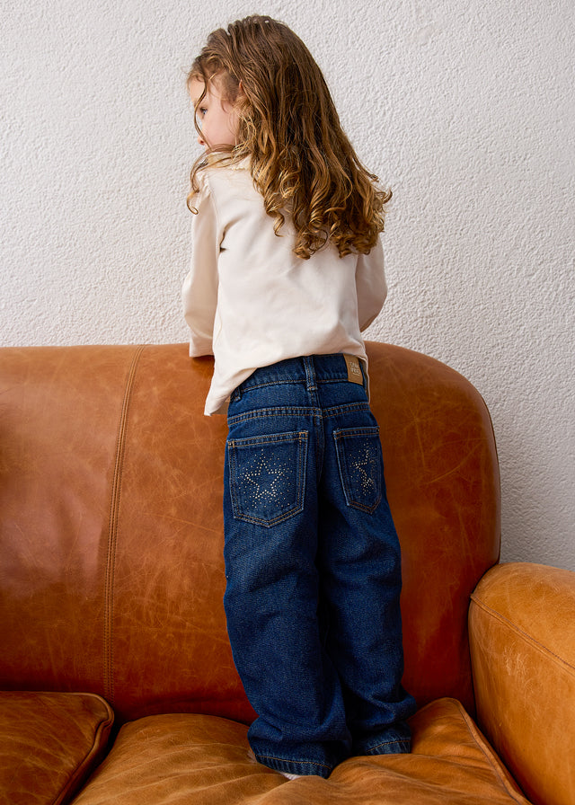 Mayoral Girls Dark Printed Long Denim Trousers