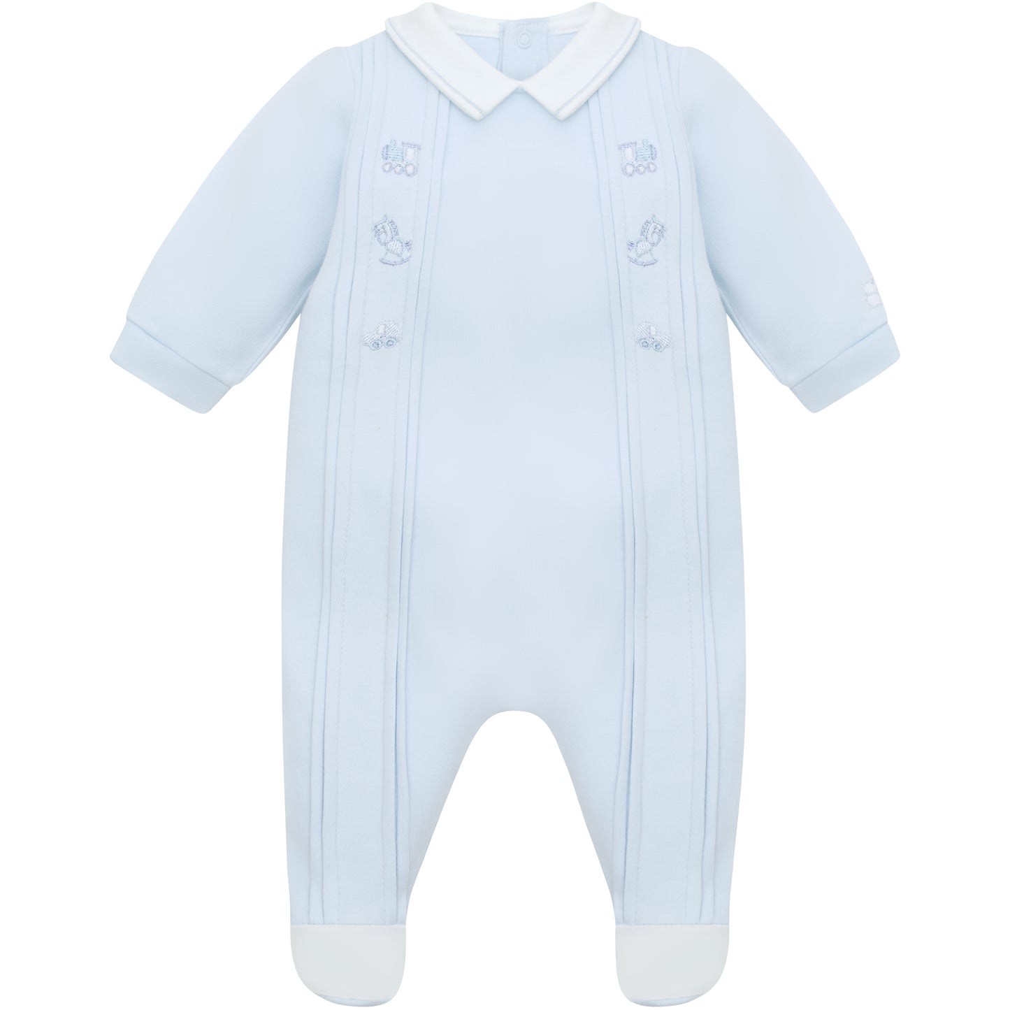 Emile et Rose Baby Boys Blue Babygrow with Vertical Pleats and Toy Embroidered Design
