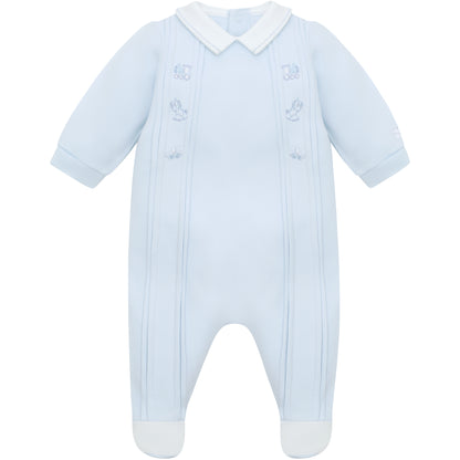 Emile et Rose Baby Boys Blue Babygrow with Vertical Pleats and Toy Embroidered Design
