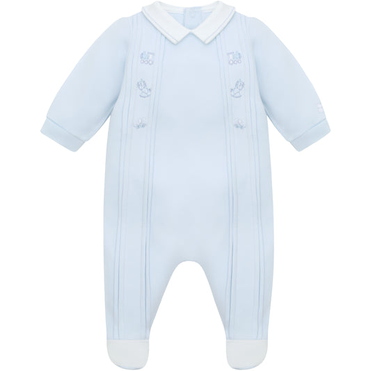 Emile et Rose Baby Boys Blue Babygrow with Vertical Pleats and Toy Embroidered Design