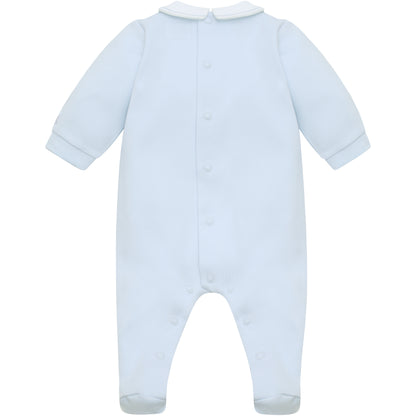 Emile et Rose Baby Boys Blue Babygrow with Vertical Pleats and Toy Embroidered Design