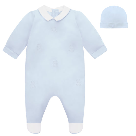 Emile et Rose Baby Boys Blue Babygrow with Collar, Embroidered Bears & Hat