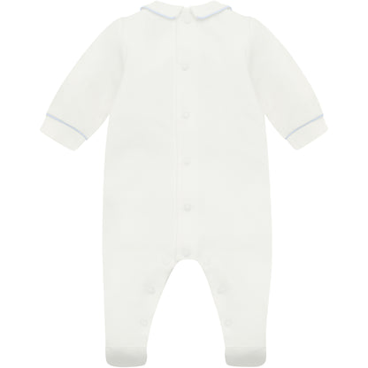 Emile et Rose Baby Boys White Babygrow with Pleats and Embroidered Nursery Design in Blue
