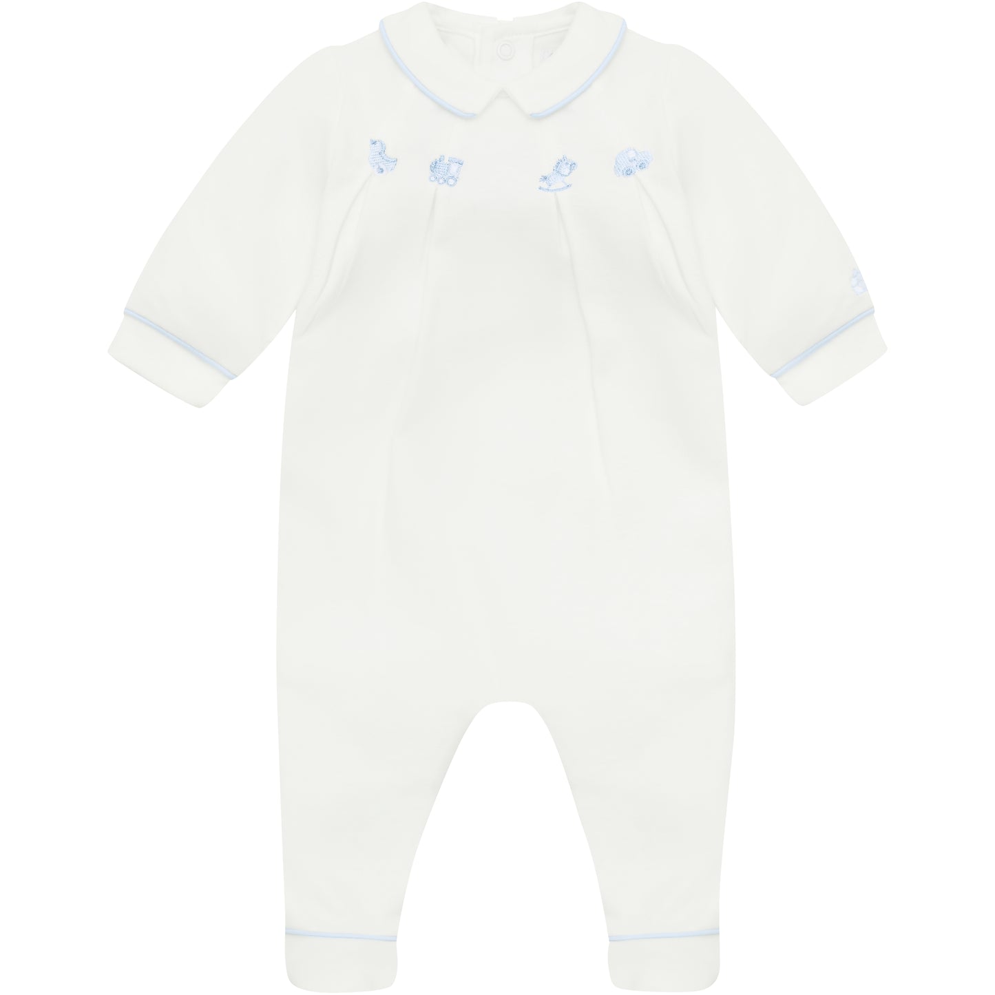 Emile et Rose Baby Boys White Babygrow with Pleats and Embroidered Nursery Design in Blue