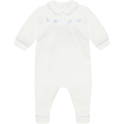Emile et Rose Baby Boys White Babygrow with Pleats and Embroidered Nursery Design in Blue