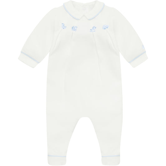 Emile et Rose Baby Boys White Babygrow with Pleats and Embroidered Nursery Design in Blue