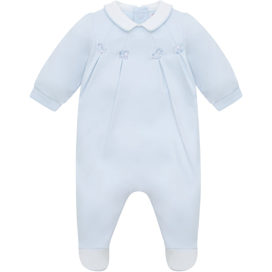 Emile et Rose Baby Boys Blue Babygrow with Pleats and Embroidered Nursery Design
