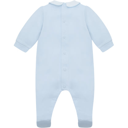 Emile et Rose Baby Boys Blue Babygrow with Pleats and Embroidered Nursery Design