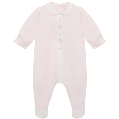 Emile et Rose Baby Girls Pink Baby Grow with Floral Mock Front Opening, Collar & Hat