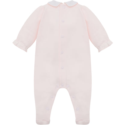 Emile et Rose Baby Girls Pink Baby Grow with Floral Mock Front Opening, Collar & Hat