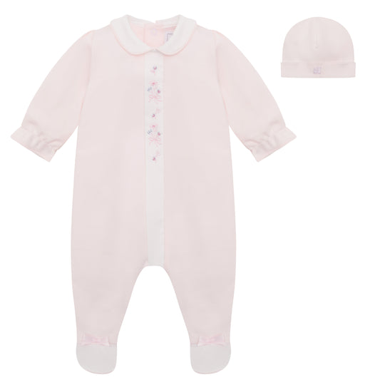 Emile et Rose Baby Girls Pink Baby Grow with Floral Mock Front Opening, Collar & Hat