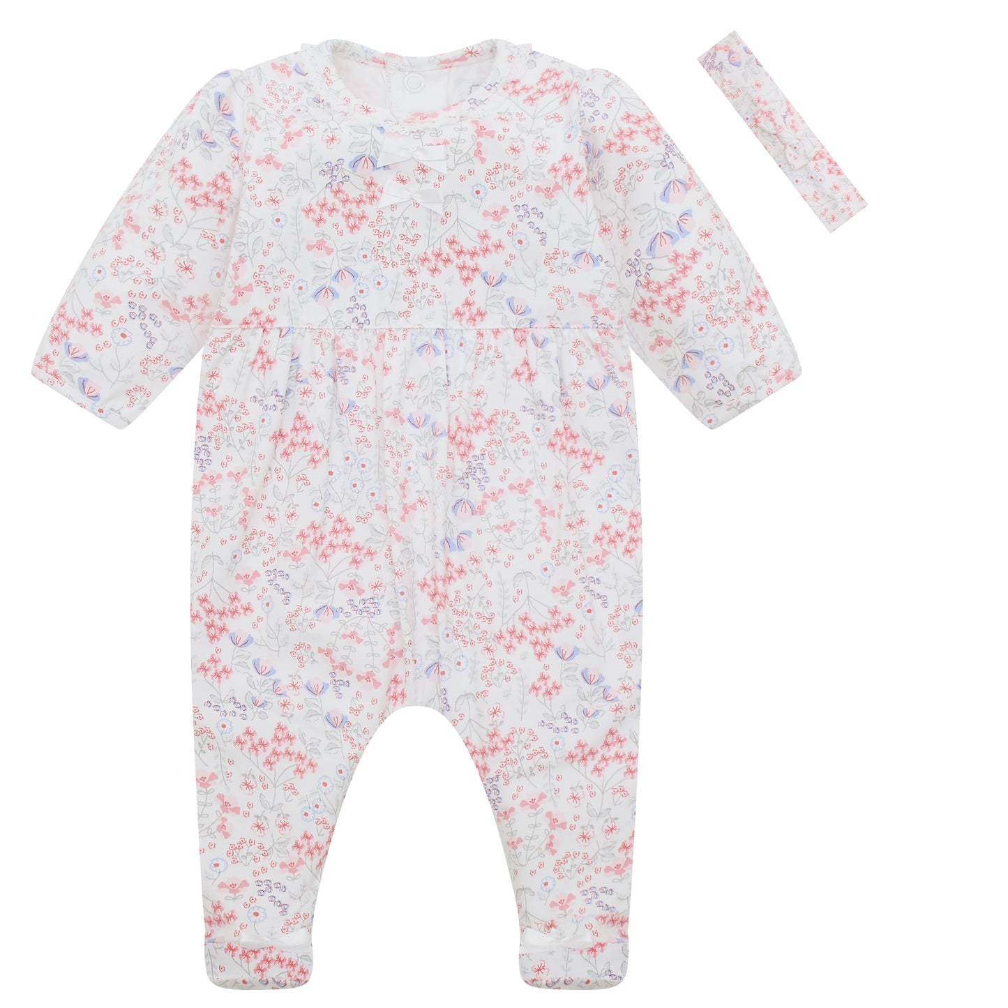 Emile et Rose Baby Girls Printed Baby Grow With Bows, Lace Trim and Hairband