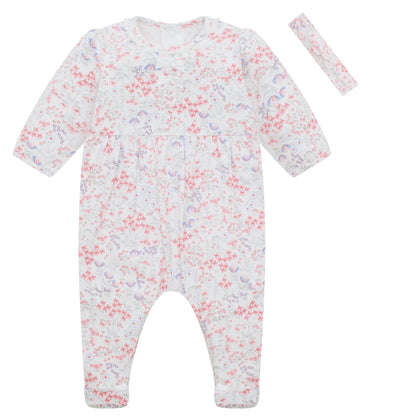 Emile et Rose Baby Girls Printed Baby Grow With Bows, Lace Trim and Hairband