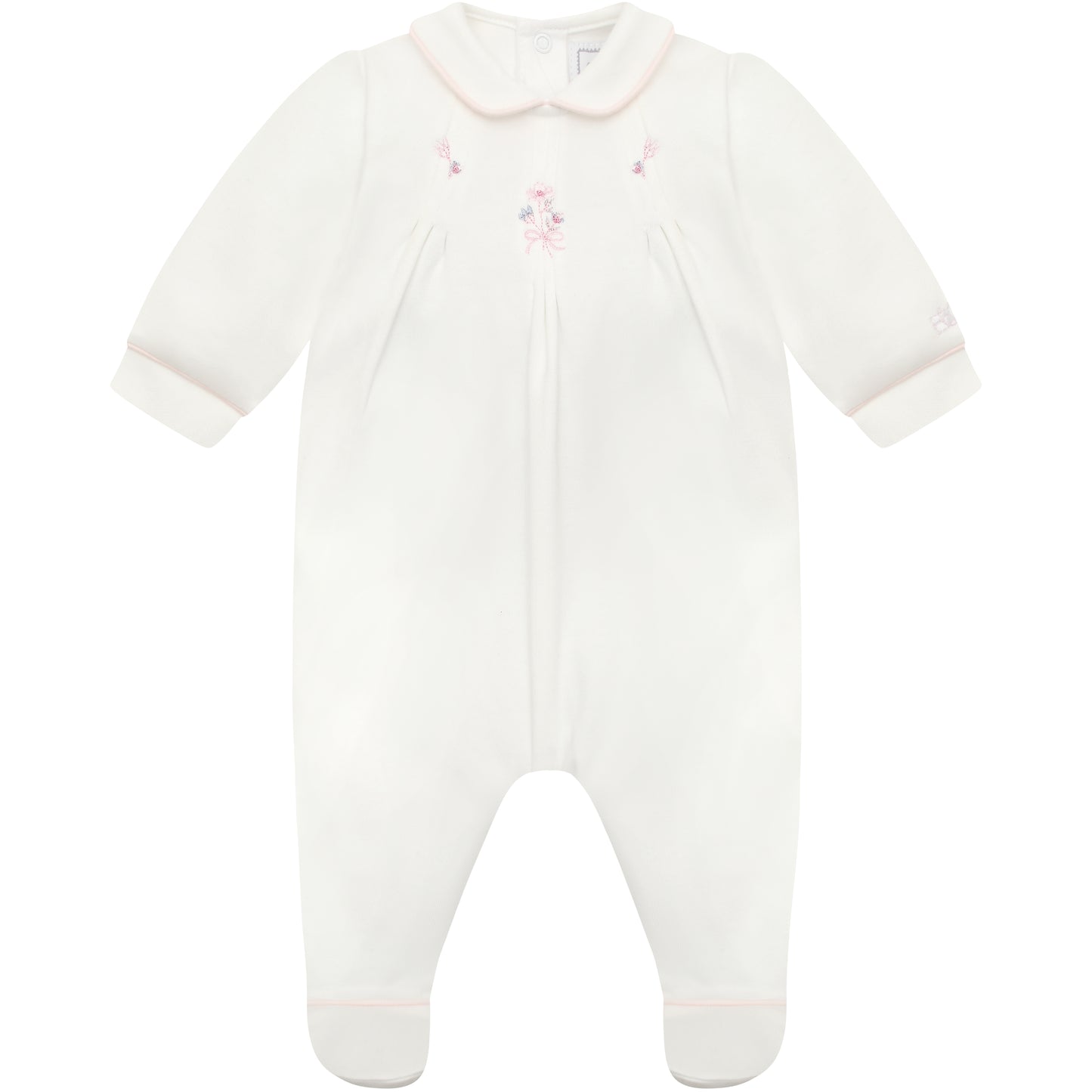 Emile et Rose Baby Girls White Baby Grow with Pleats and Pink Floral Detail
