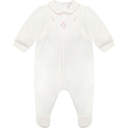 Emile et Rose Baby Girls White Baby Grow with Pleats and Pink Floral Detail