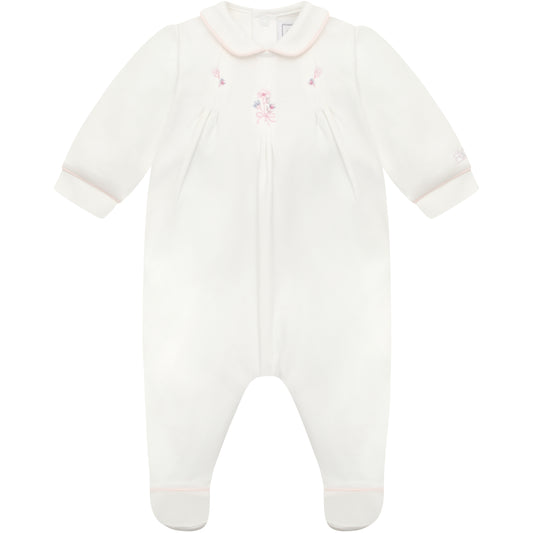 Emile et Rose Baby Girls White Baby Grow with Pleats and Pink Floral Detail