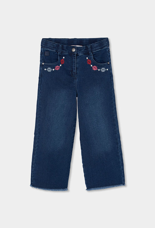 Boboli Girls Denim Trousers Blue with Floral Embroidery