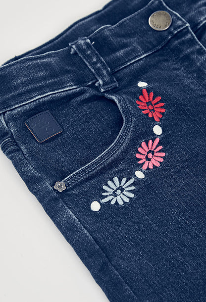 Boboli Girls Denim Trousers Blue with Floral Embroidery