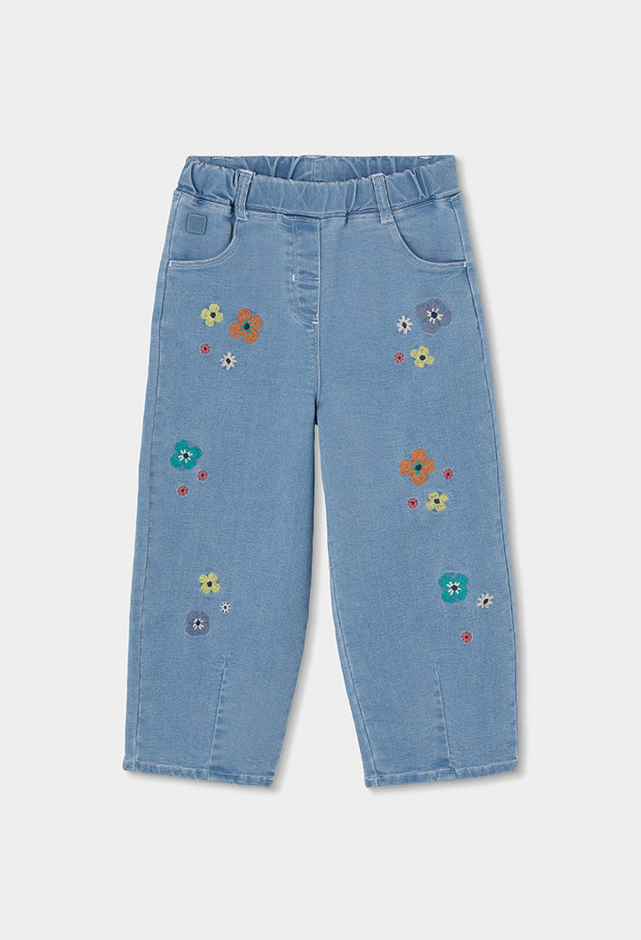 Boboli Girls Denim Trousers Blue with Floral Embroidery