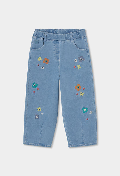 Boboli Girls Denim Trousers Blue with Floral Embroidery