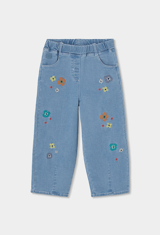 Boboli Girls Denim Trousers Blue with Floral Embroidery