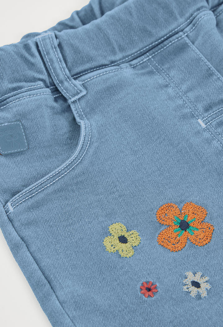 Boboli Girls Denim Trousers Blue with Floral Embroidery