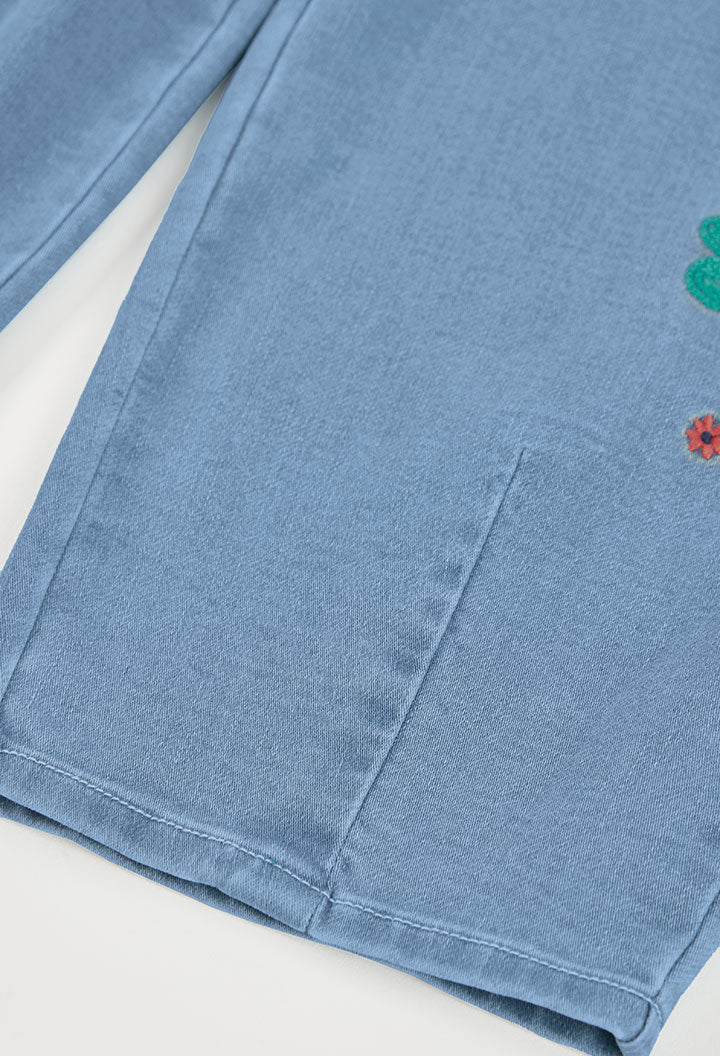 Boboli Girls Denim Trousers Blue with Floral Embroidery