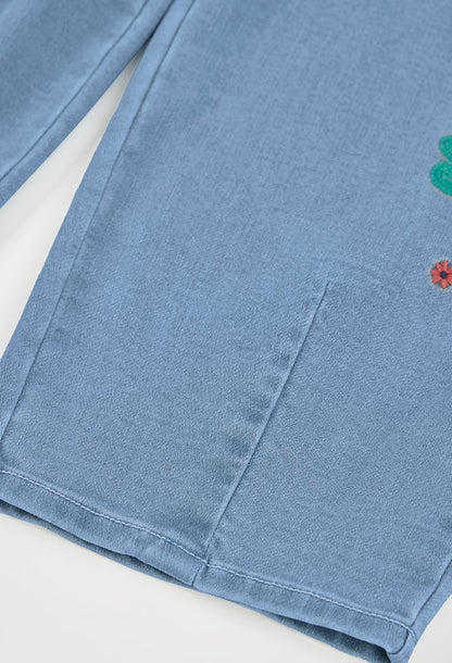 Boboli Girls Denim Trousers Blue with Floral Embroidery