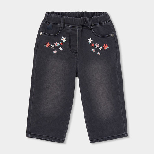 Boboli Girls Black Denim Trousers with Floral