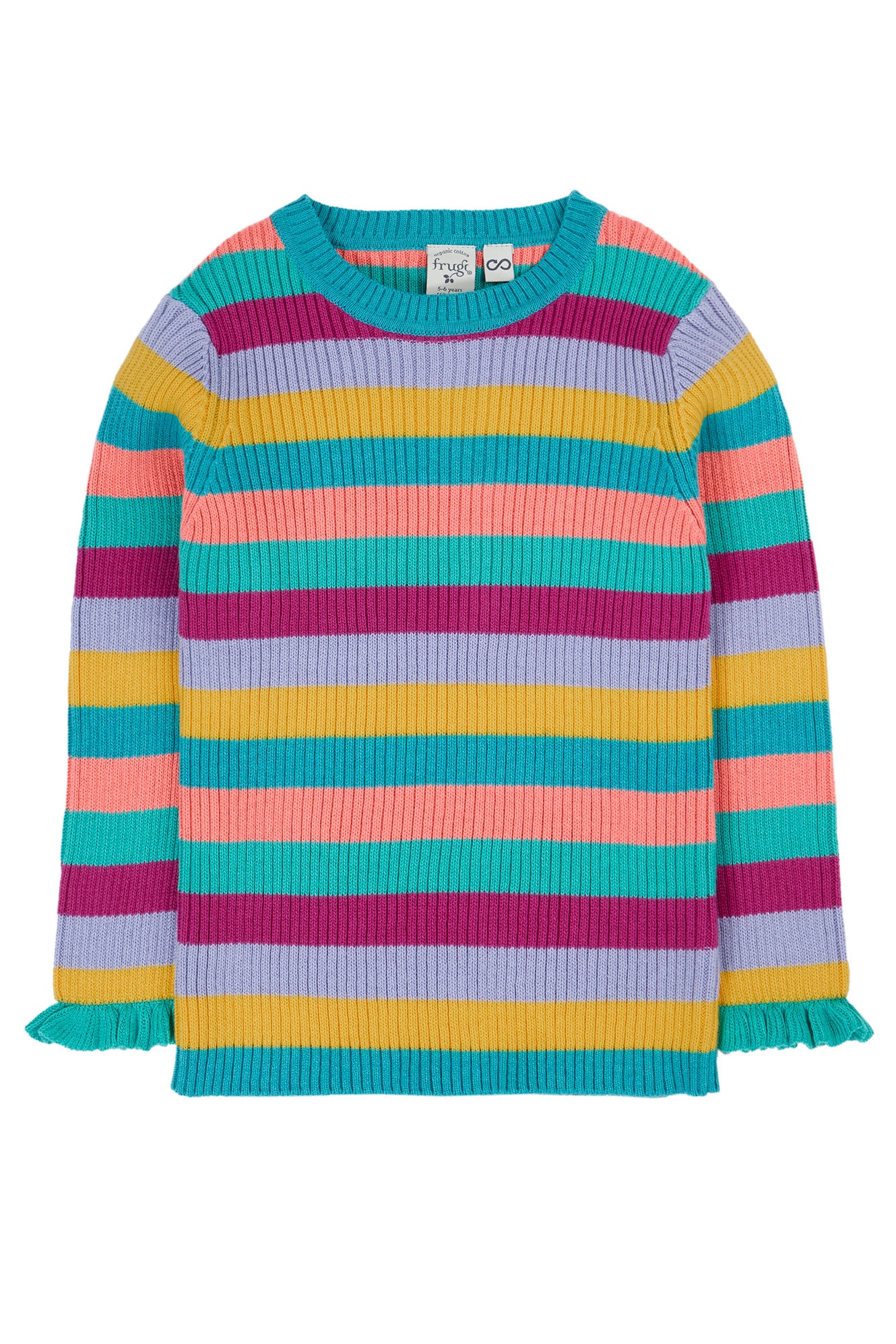 Frugi Baby Girls Knit Stripped Jumper With Frill Cuffs
