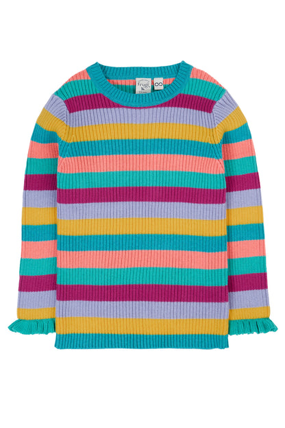 Frugi Baby Girls Knit Stripped Jumper With Frill Cuffs