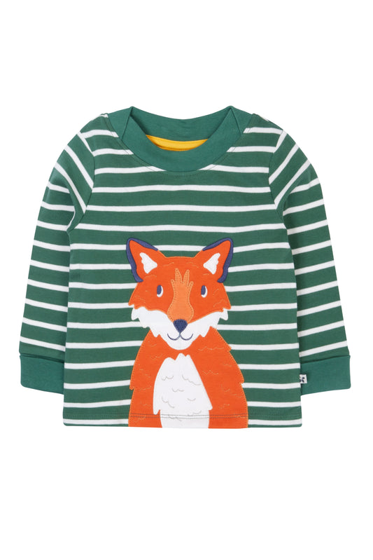 Frugi Baby Boys Long Sleeve Holly Green Striped Fox Top