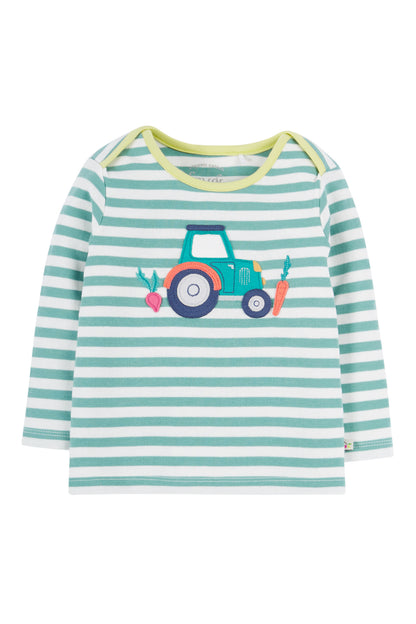 Frugi Baby Boys Moss Stripe Tractor Bobby Applique Top