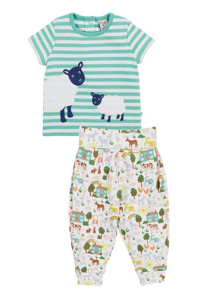 Frugi Baby Boy 2 piece Farm Life Moss Striped Frankie Summer Outfit