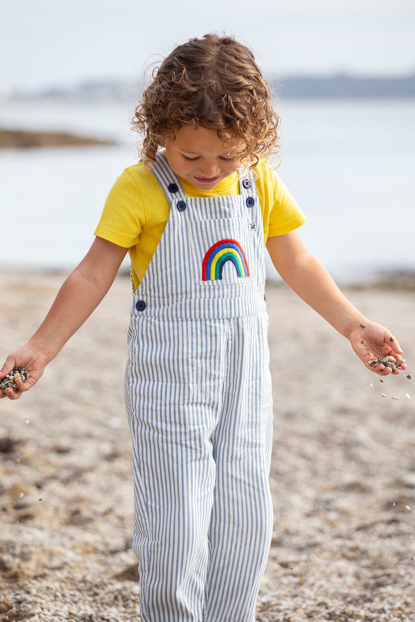 Frugi Baby Girls Ticking Stripe & Rainbow Hugh Dungaree