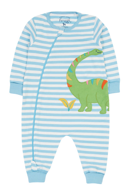 Frugi Toddler Bluebird Stripe Zelah Kimono Dino Zip Romper