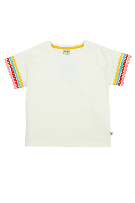 Frugi Girls Soft White and Rainbow Ric Rac T-Shirt