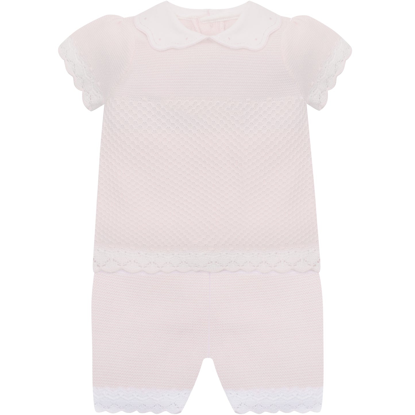 Emile et Rose Baby Girls Pink 2 piece Top and Shorts with Crocheted Hems & Embroidered Collar