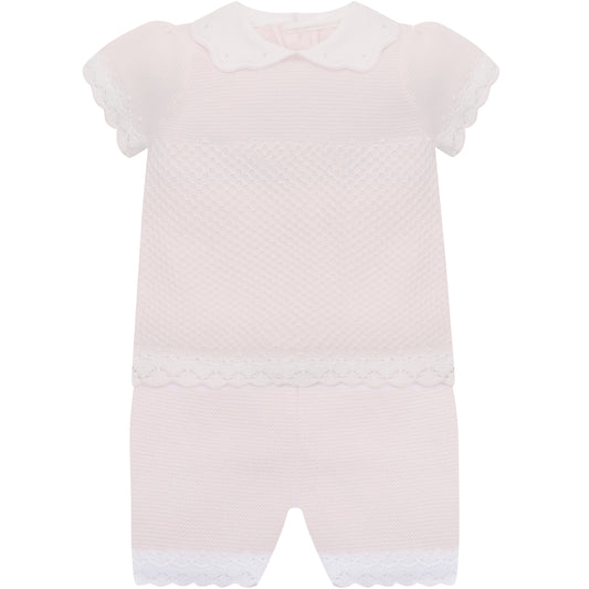Emile et Rose Baby Girls Pink 2 piece Top and Shorts with Crocheted Hems & Embroidered Collar