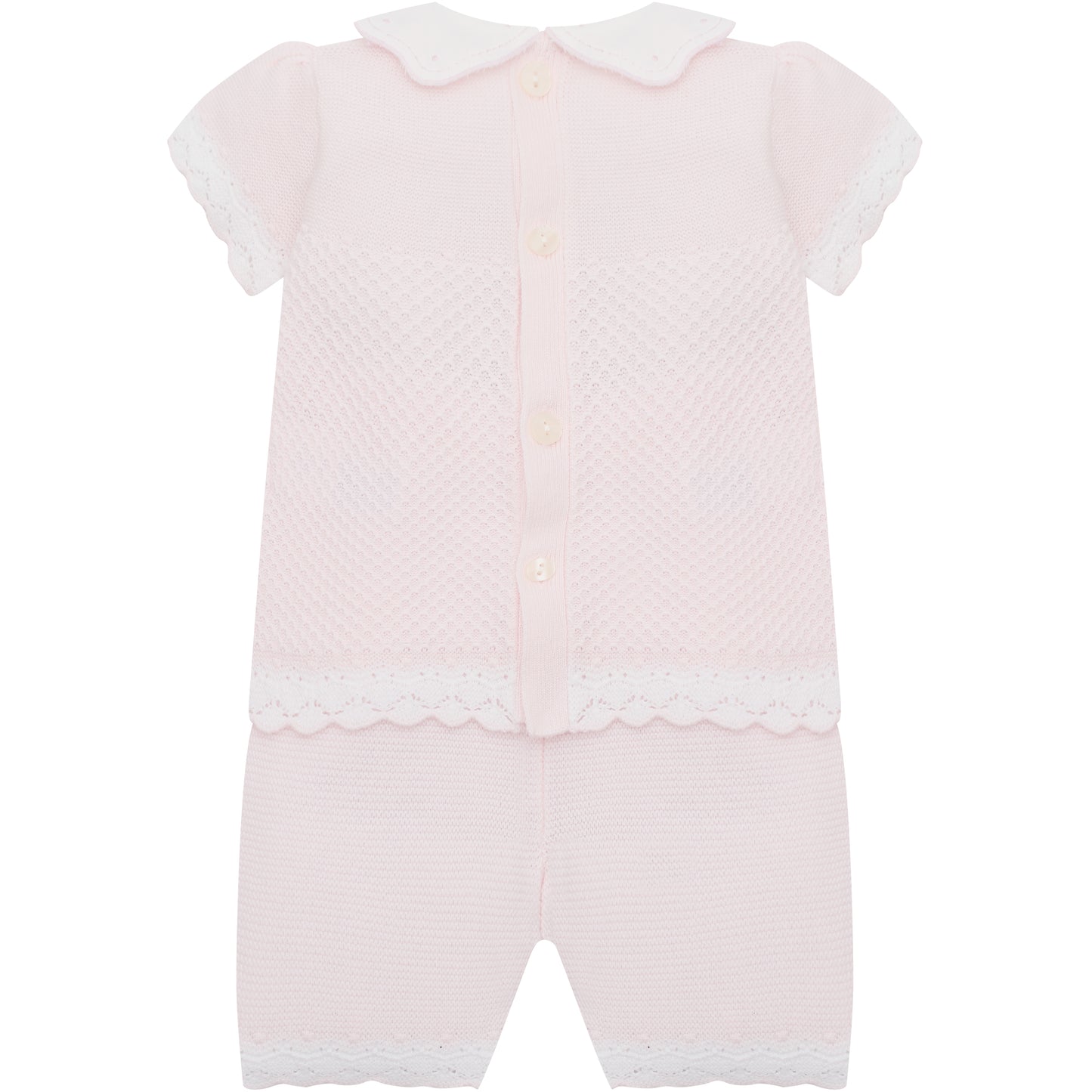 Emile et Rose Baby Girls Pink 2 piece Top and Shorts with Crocheted Hems & Embroidered Collar