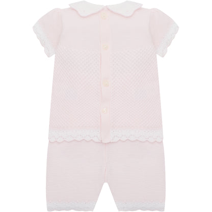 Emile et Rose Baby Girls Pink 2 piece Top and Shorts with Crocheted Hems & Embroidered Collar