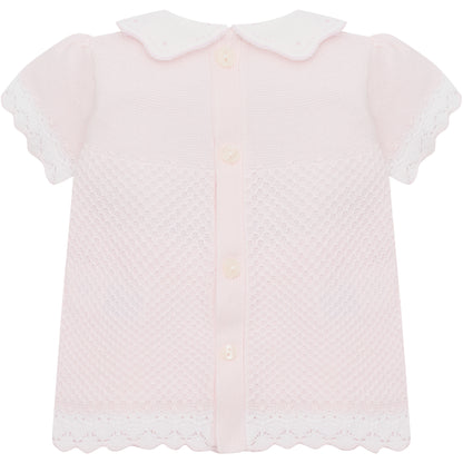 Emile et Rose Baby Girls Pink 2 piece Top and Shorts with Crocheted Hems & Embroidered Collar