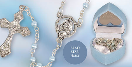 Baby Pearl Rosary Heart Box Blue