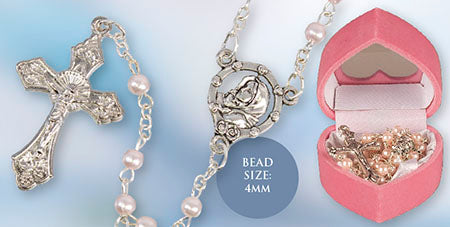 Baby Pearl Rosary Heart Box PInk